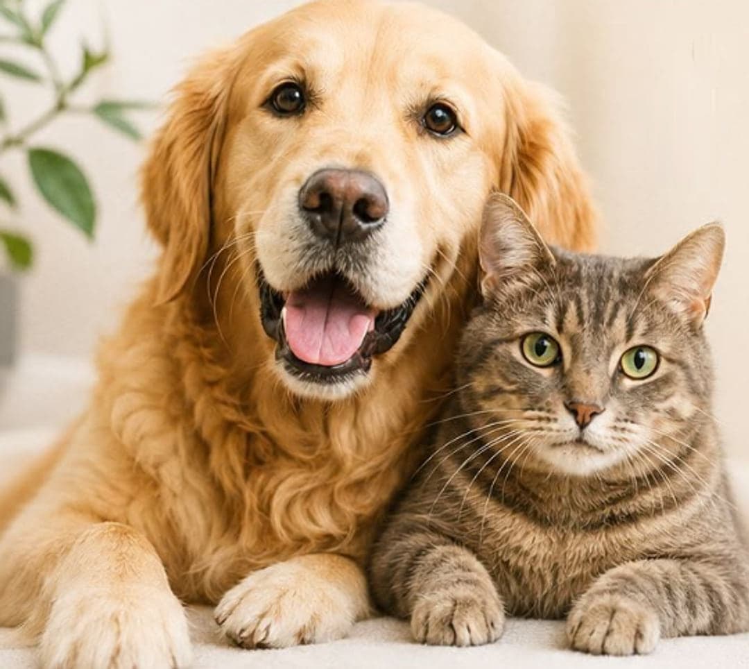 Un golden retriever și o pisică tigrată, stând liniștiți unul lângă celălalt
